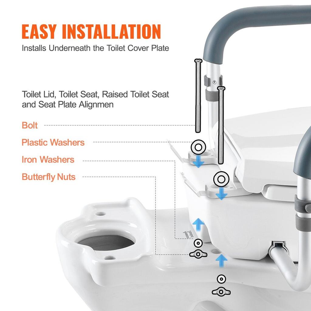 Raised Toilet Seat, 3.5" Height Raised, 300 lbs Weight Capacity, for Standard Round Toilet, Aluminum Handrail, with EVA Armrest Padding, for Elderly,