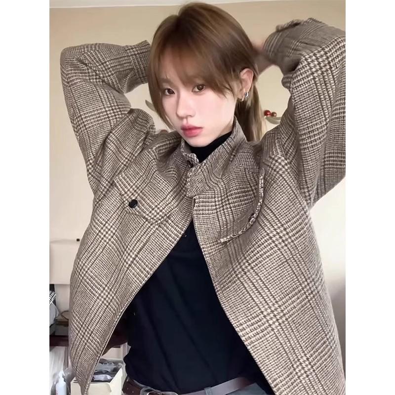 Oclin Barn Style Men's Houndstooth Harrington Jacket - Spring/Autumn Maillard Short Stand Collar Cleanfit Coat