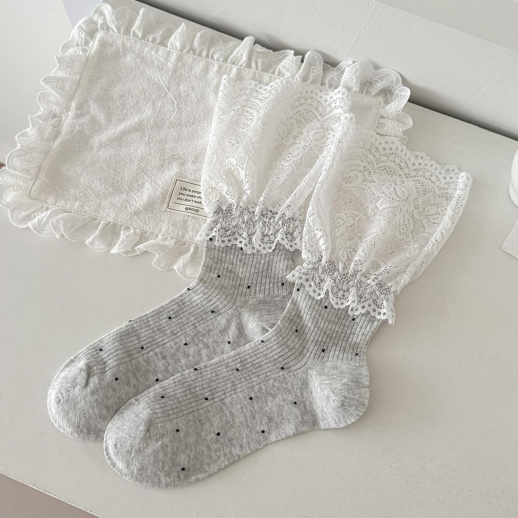 Lace Socks Women'S Spring And Summer Thin Ballet Storm Point Mid-Tube Cotton Socks Miu Series Versatile Breathable Stacking Socks