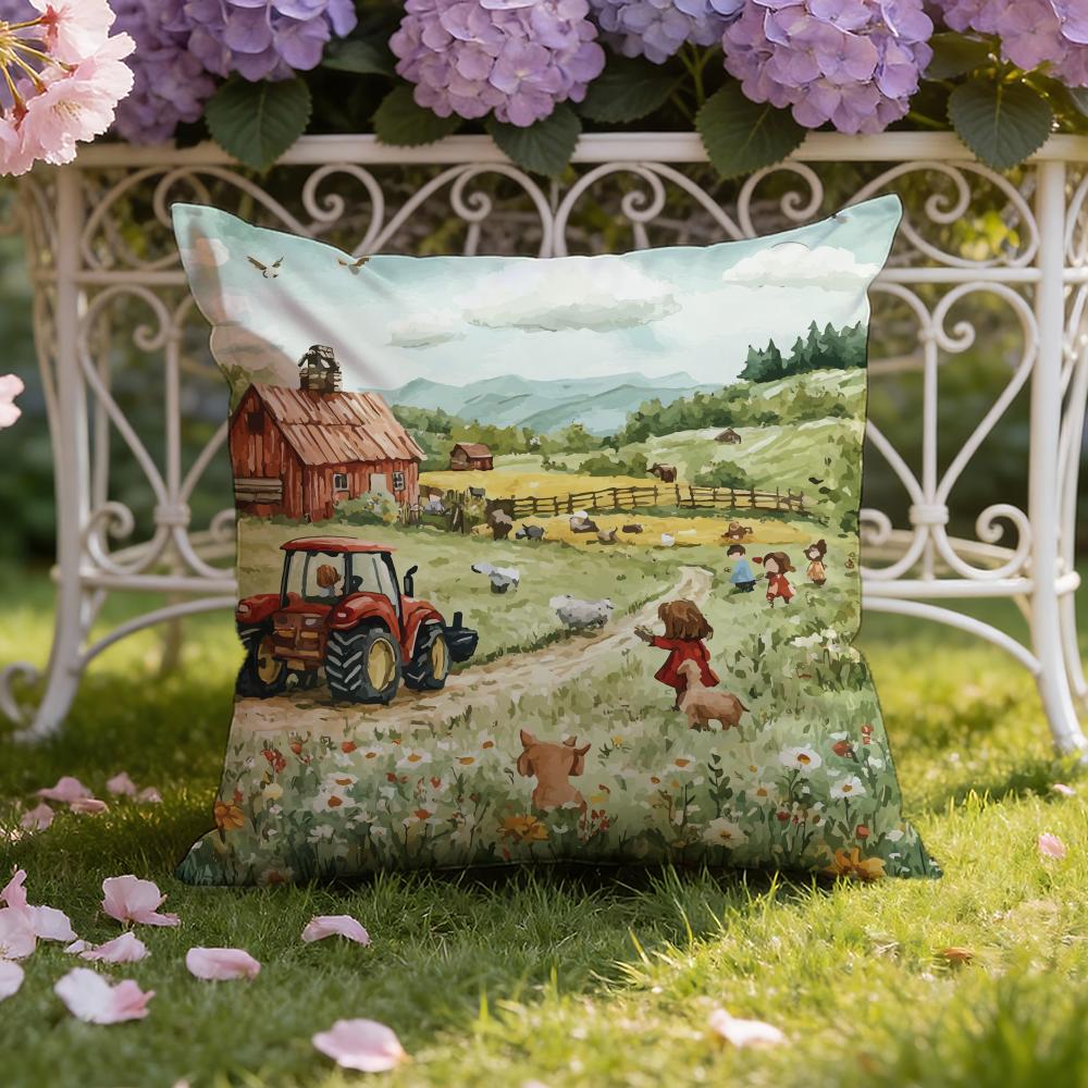 Colorful Farm Painting Cushion Cover Home & Car Dual-Scene Pillow Cover: Reversible for Premium Comfort