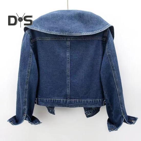 Women Denim Jacket Retro Single-breasted Doll Collar Long Sleeves Solid Color Side Pockets Lady Coat Commuting Shopping Coat