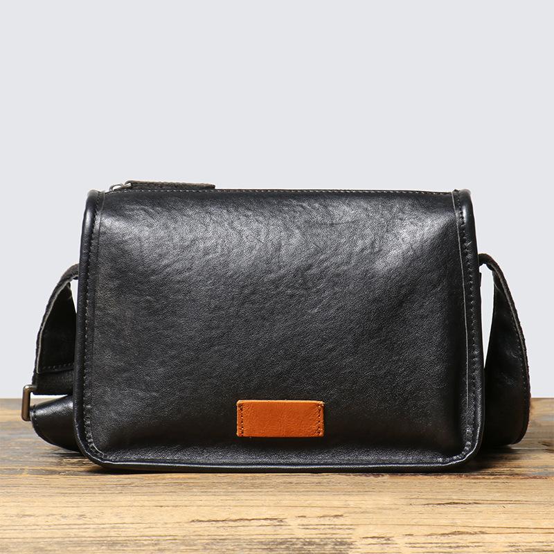 Men S Genuine Leather Messenger Bag Vegetable Tanned Leather Casual Simple Shoulder Bag Cowhide High-End Small Backpack чёрный