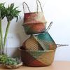 Handmade Bamboo Storage Baskets Foldable Clothes Laundry Basket Straw Wicker Rattan Seaweed Belly Flowerpot Retro Decorations