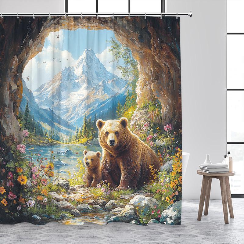 Wild Brown Bear Shower Curtains Nature Cave Animals Mountain Lakes Plants Flowers Bath Curtain Home Bathroom Decor with Hooks