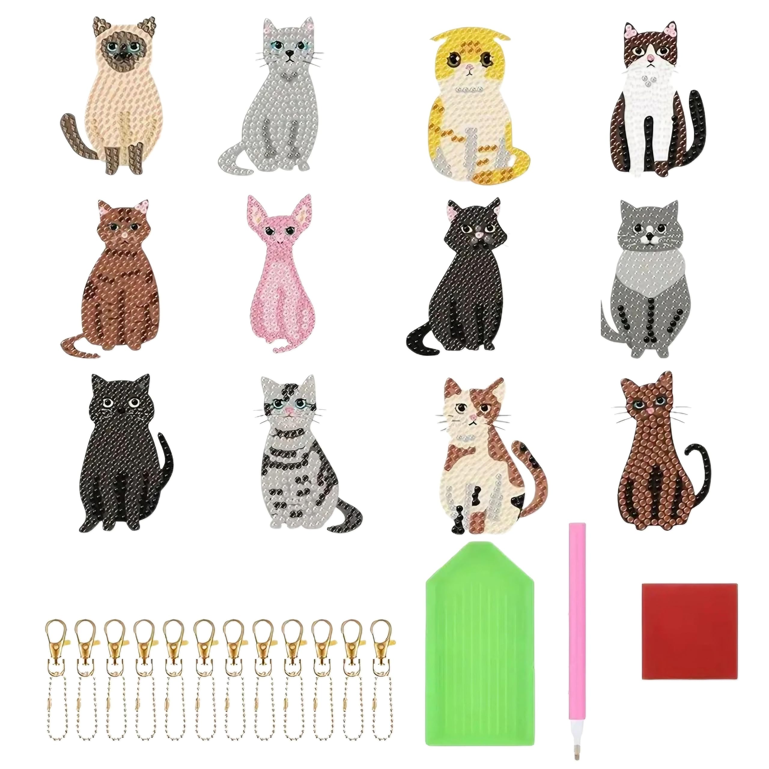 

East Leaf Diamond Art Bead Art Keychain Kit, DIY Beginner s, 12-Piece Set, 5D Diamond Cat Design