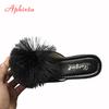 Fashion Aphixta  Hairball 3.54 Inch/9cm Wedge Heels Mule Black Slides Beach Platform Women Slippers Female Sandals Clog Shoes Women