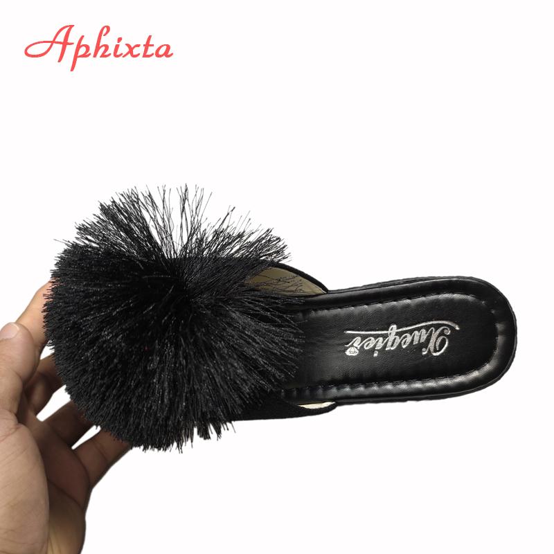 Fashion Aphixta  Hairball 3.54 Inch/9cm Wedge Heels Mule Black Slides Beach Platform Women Slippers Female Sandals Clog Shoes Women