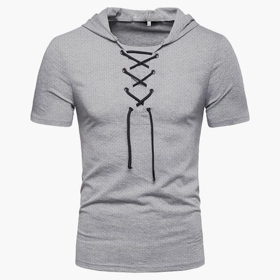 Men T-shirt Pure Color Lace-up Breathable Casual Summer Top for Daily Wear