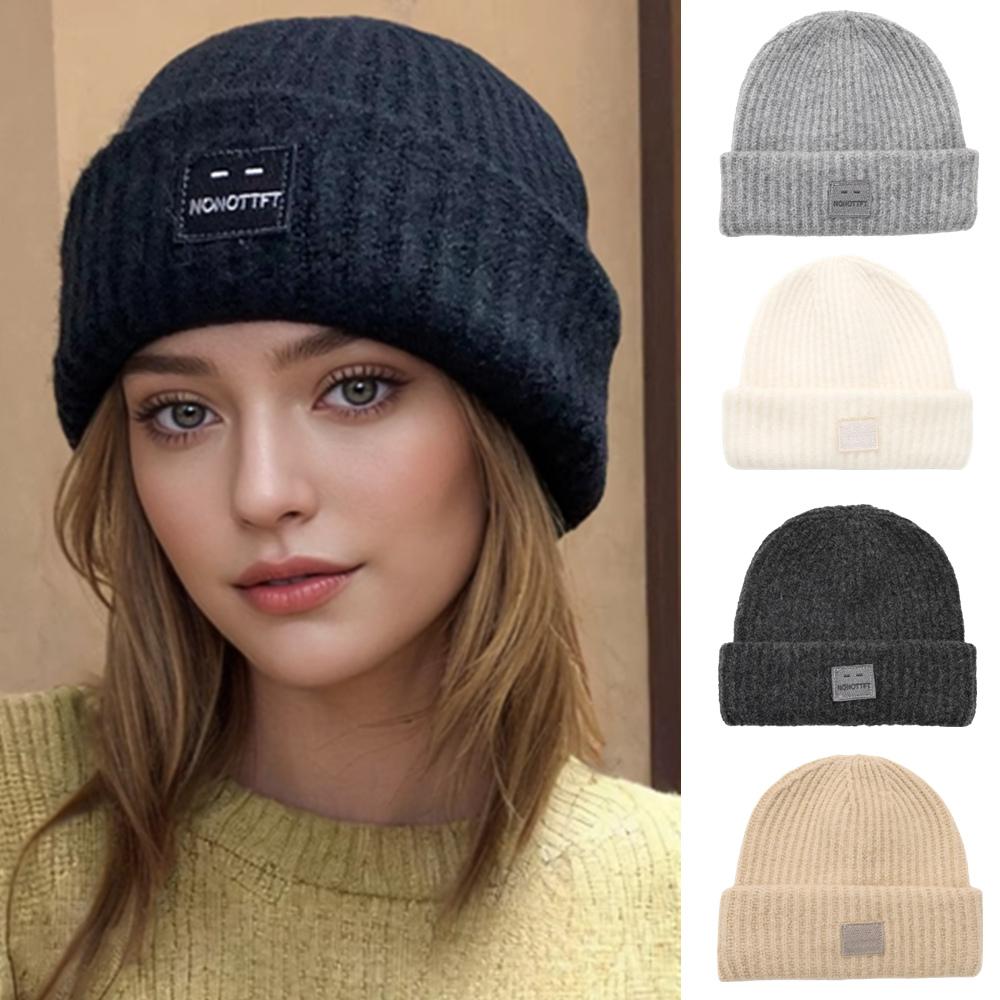 New Style Slouchy Beanie Hats Winter Warm Cap Y2K Cap For Women Solid Color Face Patch Winter Knitted Girl Hats Gift