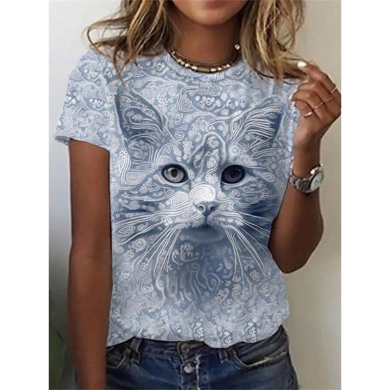 Summer Round Neck 3D Feather Animal Simplicity Print Top Fashionable Casual Short Sleeved Women's T-shirts