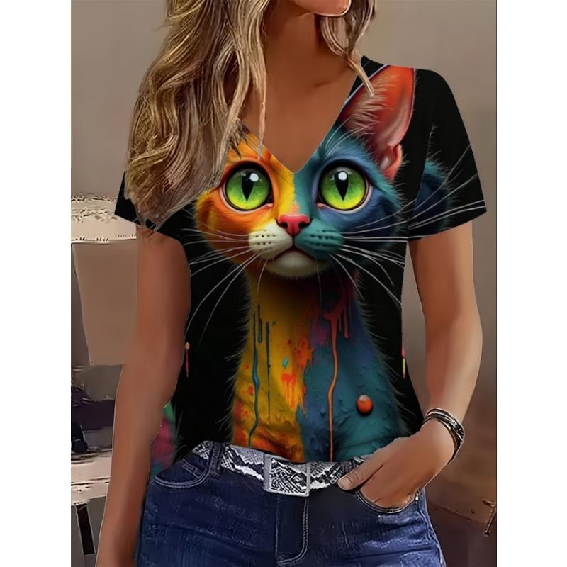 Women's T Shirt Cat Graphic Animal Stylish Classic Casual Short Sleeve Crew Neck Regular