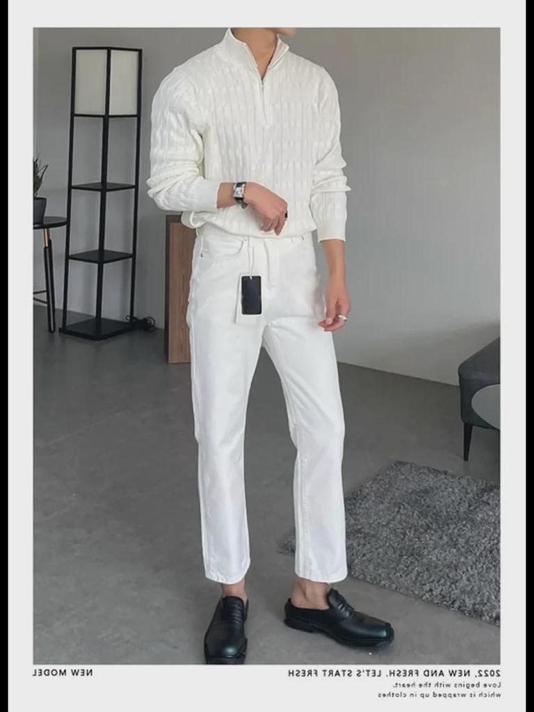 Modischer weißer Rollkragenpullover mit Reißverschluss für Herren