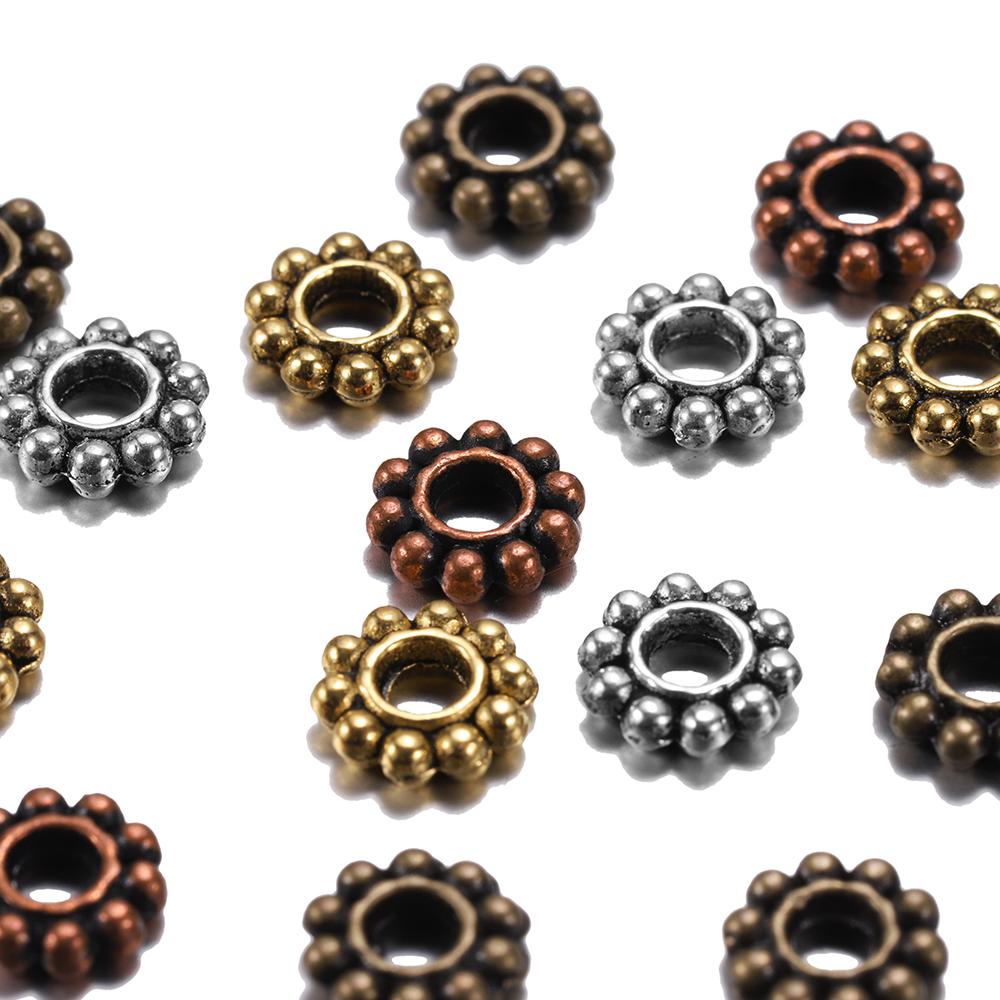 100Pcs/Lot Antique Gold Color Bronze Tone Daisy Flower Metal Spacer Beads Wheel  for Jewelry Making Needlework Accessories
