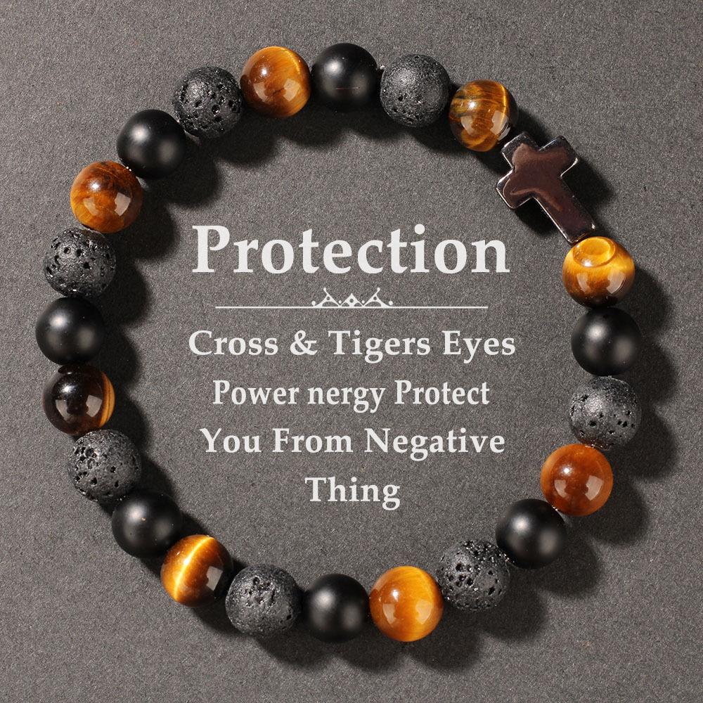

8MM Tiger Eye Stone Cross Bracelet For Men Punk Lava Rock Beads Natural Stone Chain Bangle Male Daily Wear Jewelry
