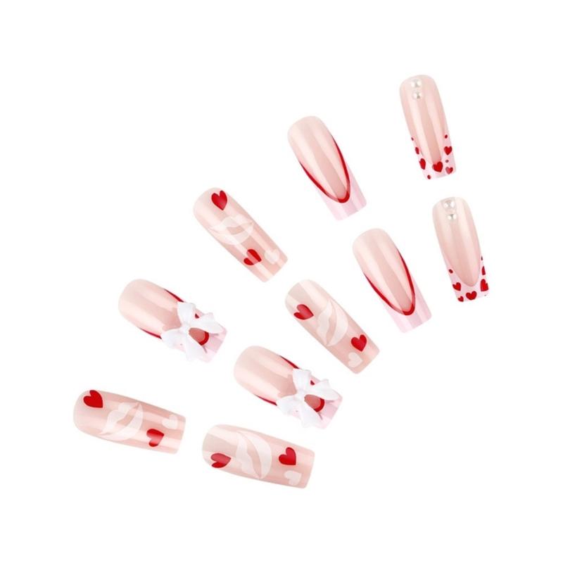 24Pcs Medium Square Stick on Nails with Elegant Bows Charms Press on Nails False Nail Manicure for Special Occasion
