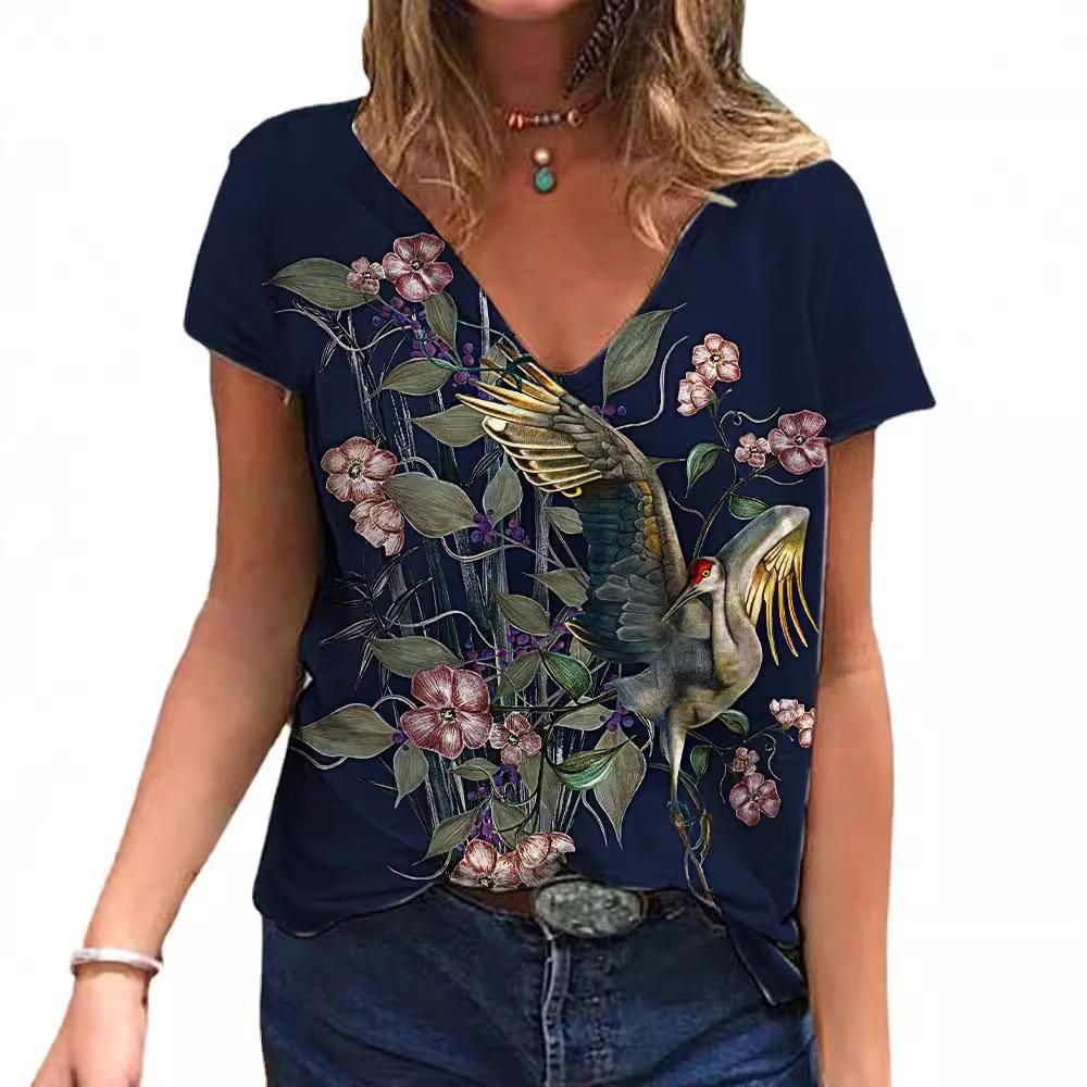 Nuevas Camisetas de Mujer Florales Estampado 3D Verano Cuello en V Manga Corta Camiseta Y2K Camisetas Largas Harajuku Ropa Femenina