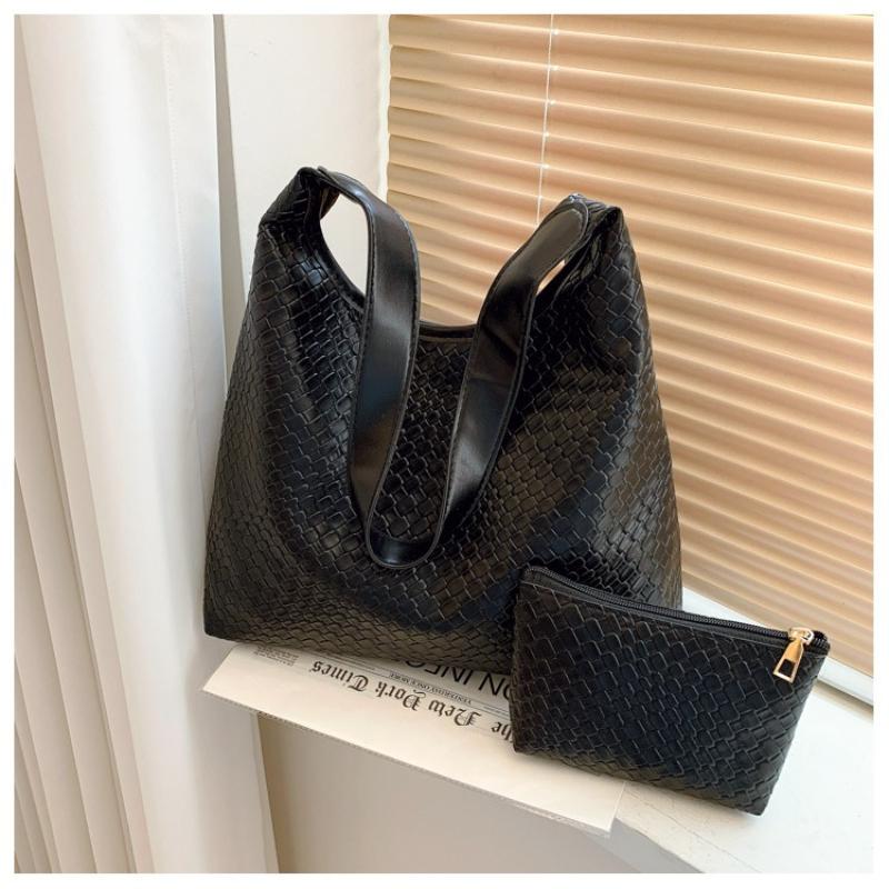 Women Retro Woven Pattern Hobo Bag, Soft PU Large Shoulder Tote Bag, Everyday Casual Handbag with Matching Mini Pouch for Work Travel