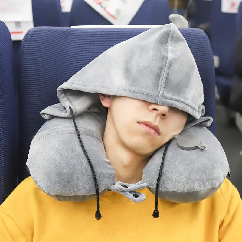 Custom Inflatable Hooded U-shaped Neck Pillow for Travel and Napping.
