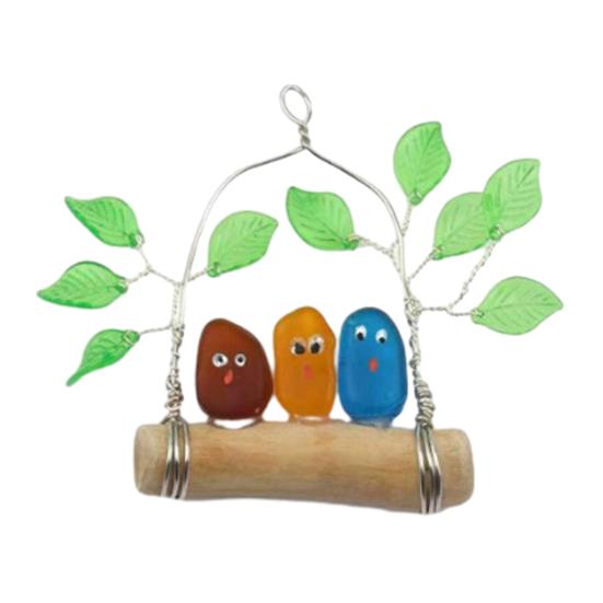 Colorful Bird Perch Seaglass Decoration Handmade Sea Glass Multicolor Bird on Branch Wall Art Sea Glass Artwork Wall Hanging Ornament