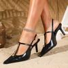 Fashion Elegant T Strap Thin Heel Pumps Women Fashion Metal Decoration Designer Shoes Sexy Pointed Toe Party Dress Shoes Zapatos Mujer