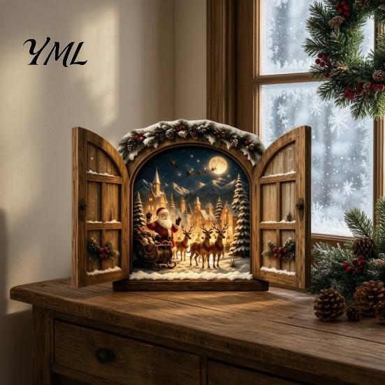 Winter Holiday Wall Ornament Santa Claus Window Light, 3D Lighted Christmas Decor, Warm LED Reindeer Snowy Indoor Home Decor Village Scene,