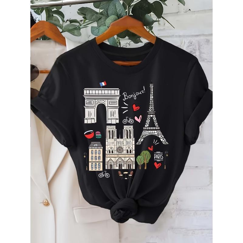 Europäische Größe Reguläres Kurzarm-T-Shirt mit berühmten Wahrzeichen in Frankreich