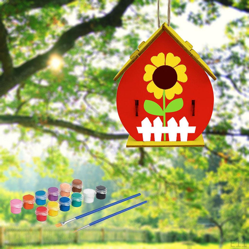 3D Painting Puzzle Bird House DIY Wooden Assembly Model Building S with 12 Color Pigments & Brush