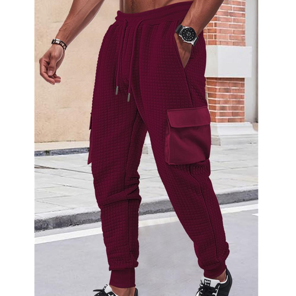 

Новые мужские спортивные плотные жаккардовые брюки карго с несколькими карманами, маленькие квадратные, повседневные рабочие брюки, мужская одежда, уличная одежда XXXL вино красного