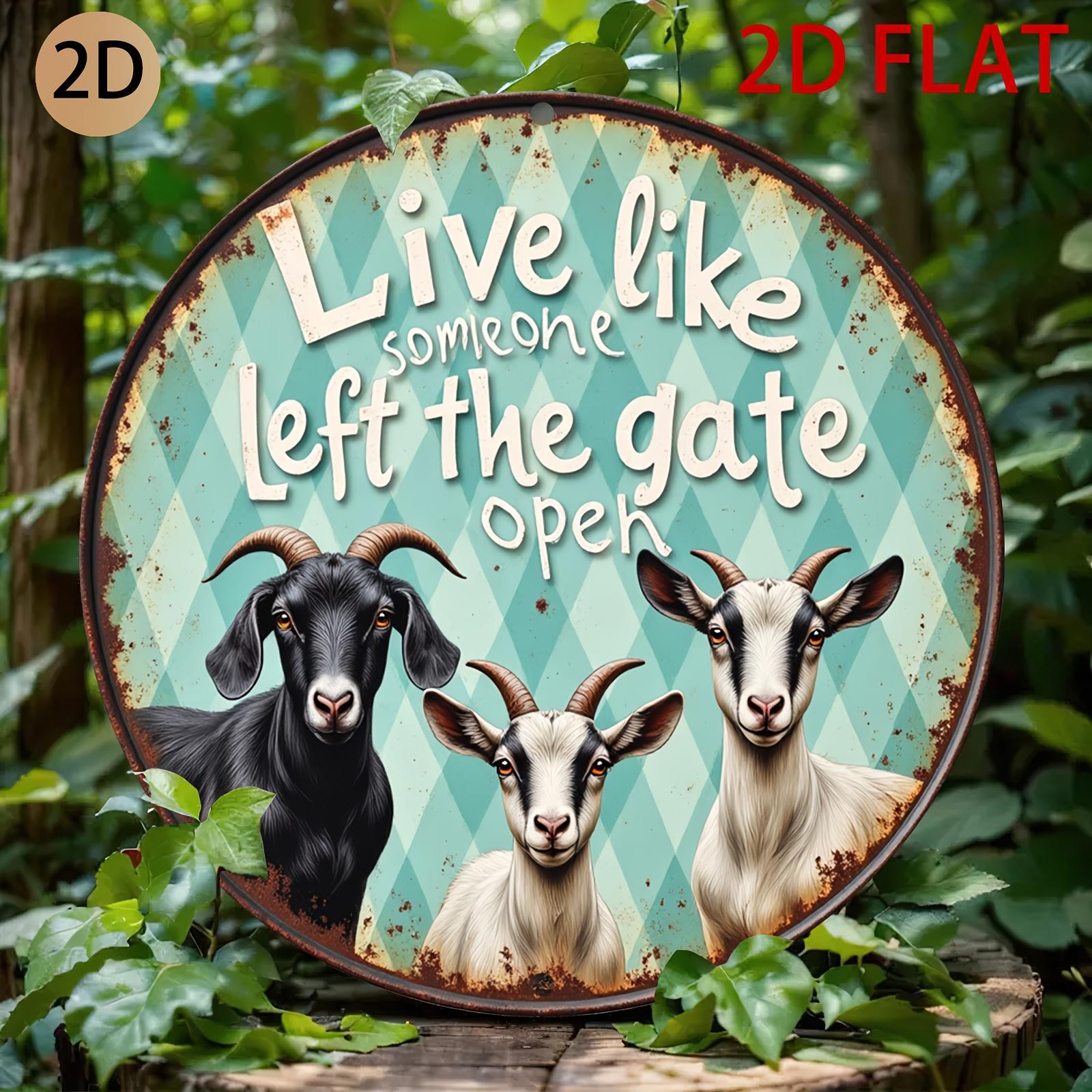 Mfoever Tin Sign HD Aluminum Metal Sign Live Like Someone Left the Gate Open Goat Round Wall Decor Retro Farm Animal Quote Design Tin Poster fo 20x20cm