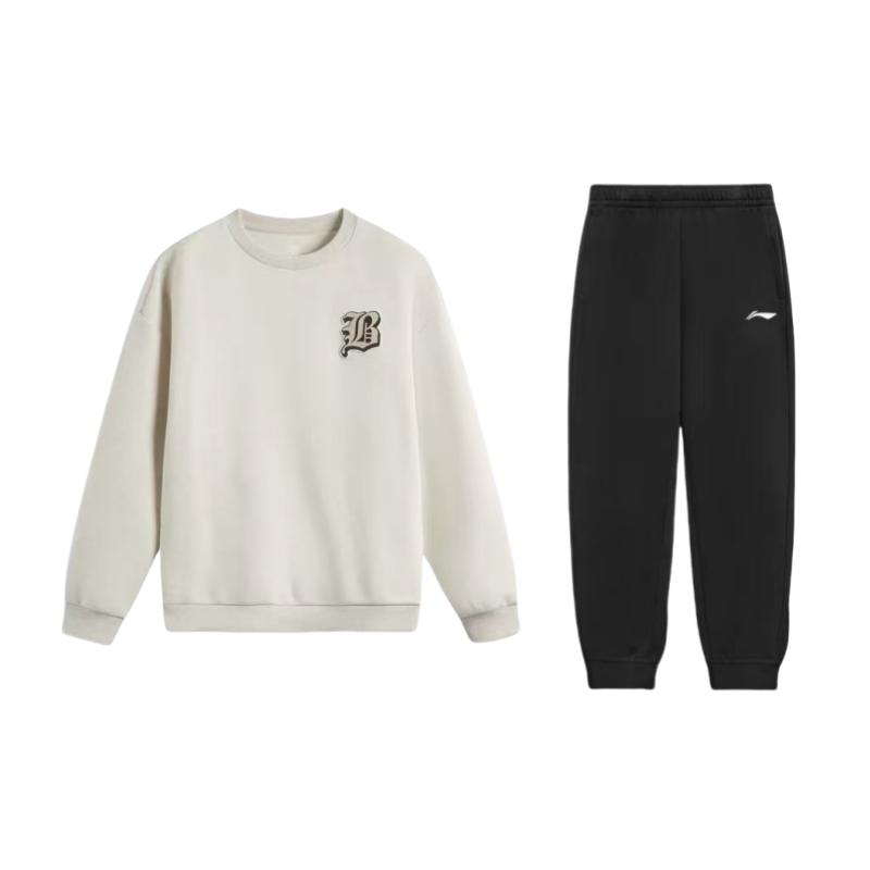 

Li-Ning Round Neck Pullover Letter Print Loose Shoulder Long Sleeve Elastic Waist Long Pants Casual Sports Suit Unisex suit AWDV031-6+AKLSG35-1 L