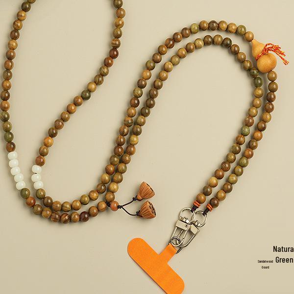Green Sandalwood Phone Crossbody Lanyard with Gourd Charm and Strap Pendant.