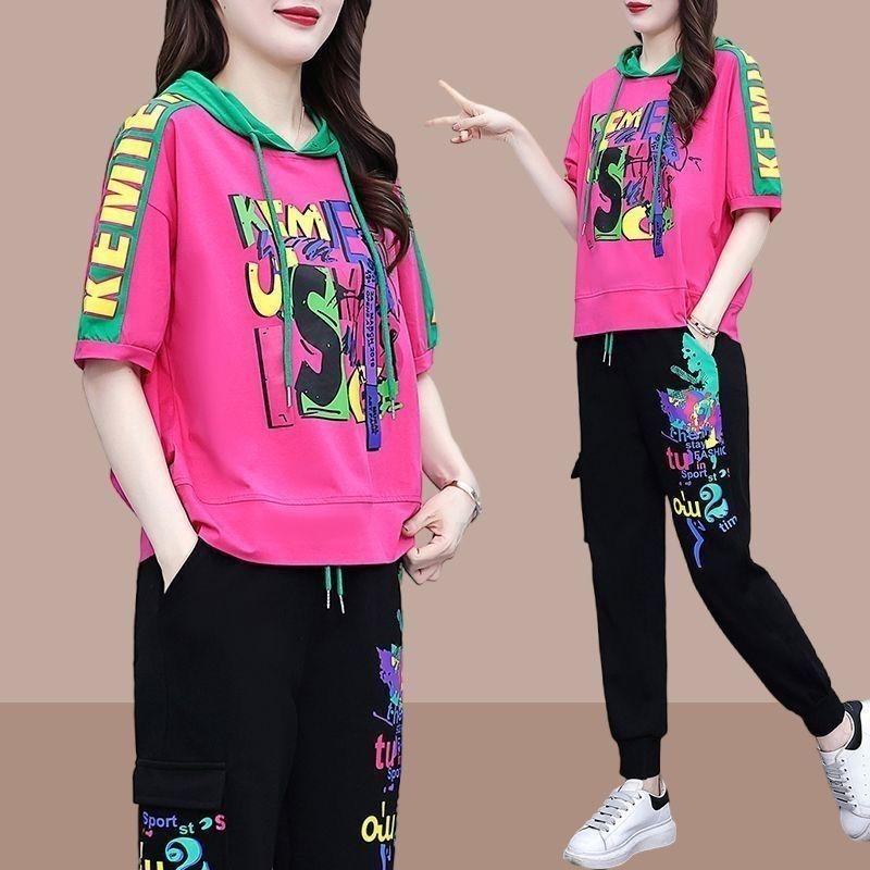 Women's Sportswear Set for Women's Summer Fashionable Versatile Hooded Sweater High Waisted Harlan Pants Two-piece Set