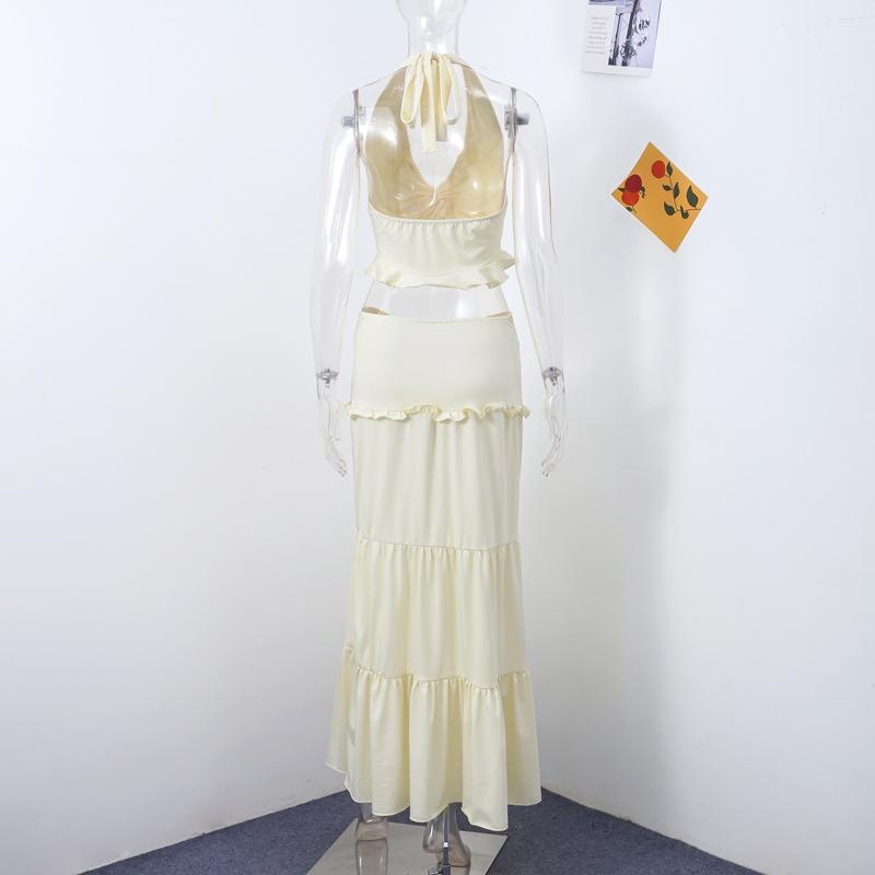 Ruched Elegant 2 Piece Set Women Halter Backless Camisole+Ruffles Loose Skirts Vacation Fashion Trend Classic Outfits