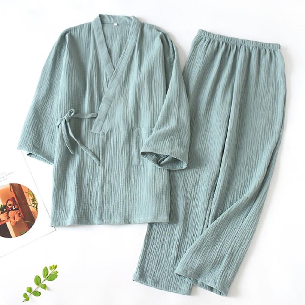 Sunyhom Damen Jinbei Oberteil und Hose Set, Nachtwäsche, Yukata, Japanischer Stil Loungewear, Pyjama, 3/4 Ärmel, Offene Vorderseite, Perfekt für Loungewear, Haus