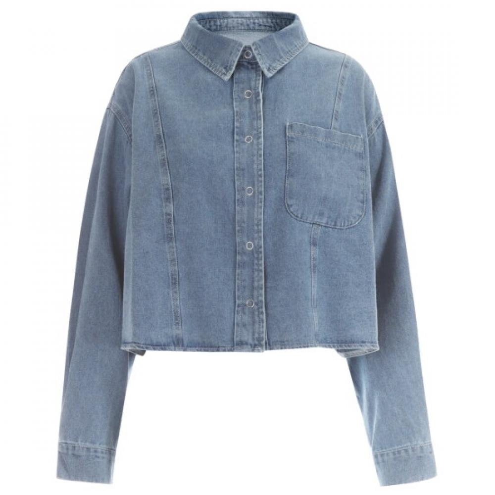 Shop Women Semi Crop Collar Neck Button Open Denim Long Sleeve Shirt Light Sky