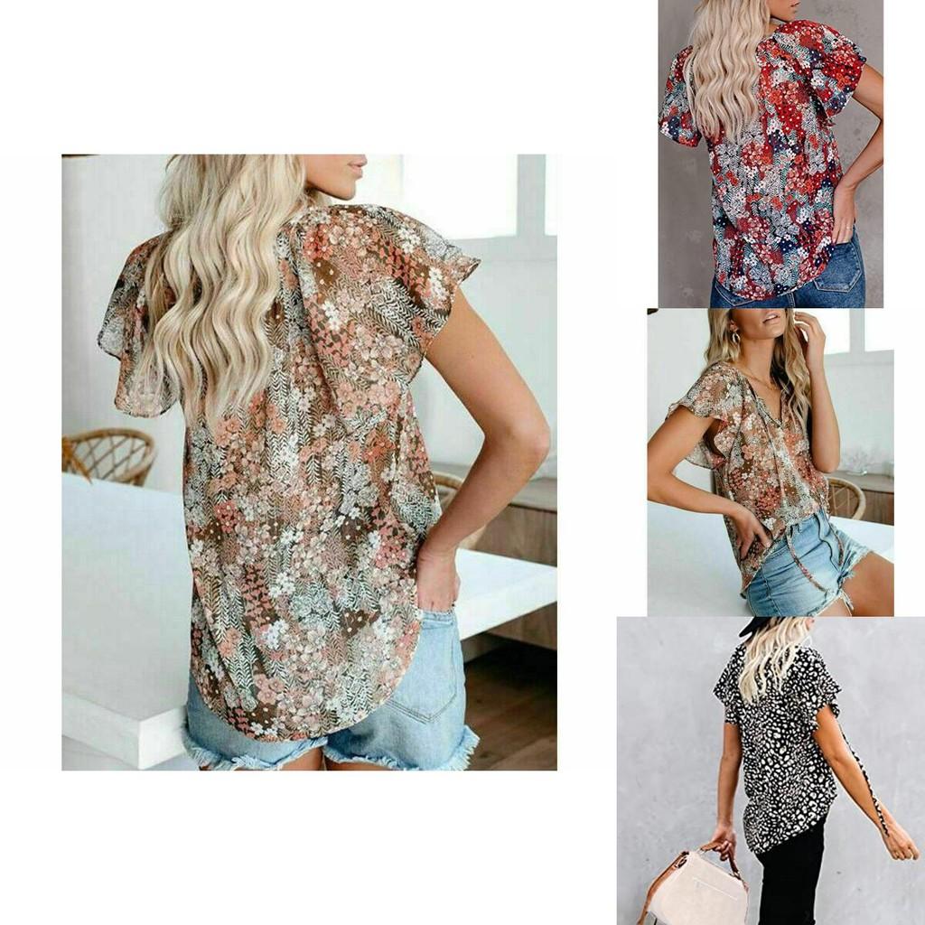 Elegant Womens Summer V Neck Short Sleeve T Shirt Featuring Vibrant Floral Print Design