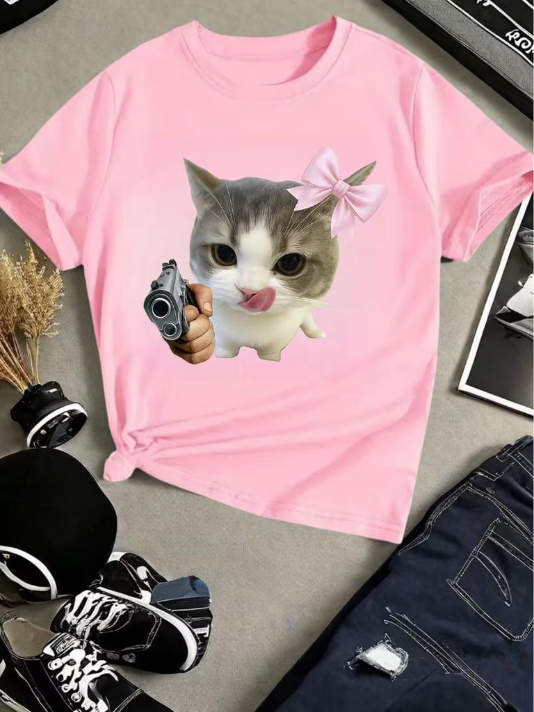 Adult and Children Cute Cat Holding Gun Gesture Soft Cute Cool Pure Cotton Tshirt Couple and Parentchild Gift for Girlfriend