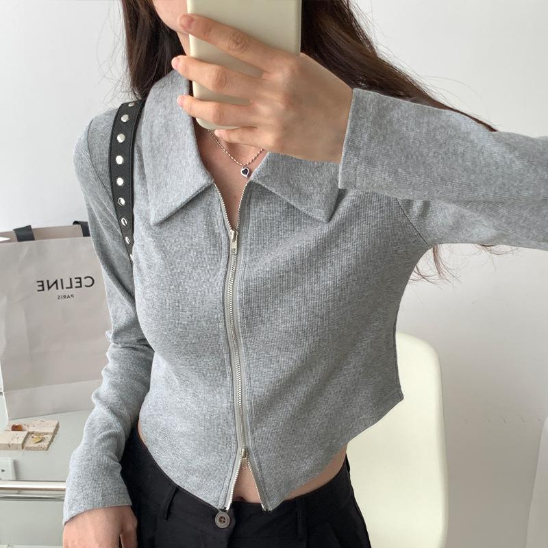 

Дизайнерская футболка Niche Polo Collar с длинными рукавами, женская, ранняя осень, новая короткая куртка с застежкой-молнией M