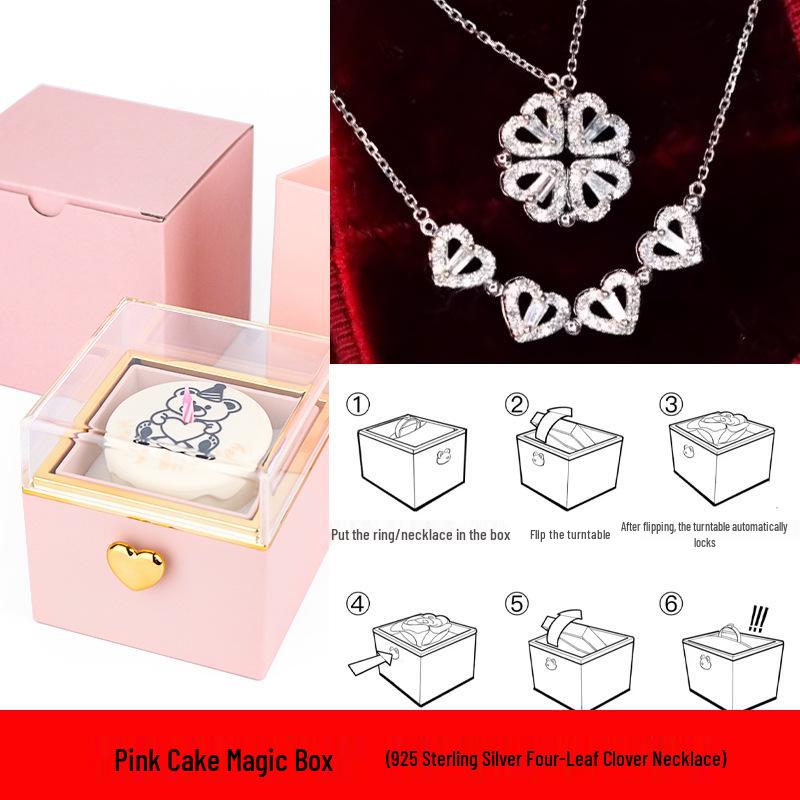 S925 Silver Four-Leaf Clover Necklace In Rotating Surprise Gift Box for Christmas, Valentine's, or Birthday