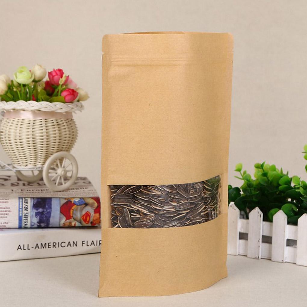 10pcs Kraft Paper Bags Zip Lock Brown With Window Stand Up Resealable Grip