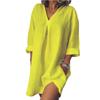 Women's Summer V-Neck Pocket Dress - Three-Quarter Sleeve Cotton Linen 