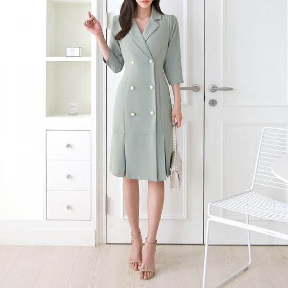 Style Latte Classic Double Pearl Button Pleats 7 8 H Line Dress