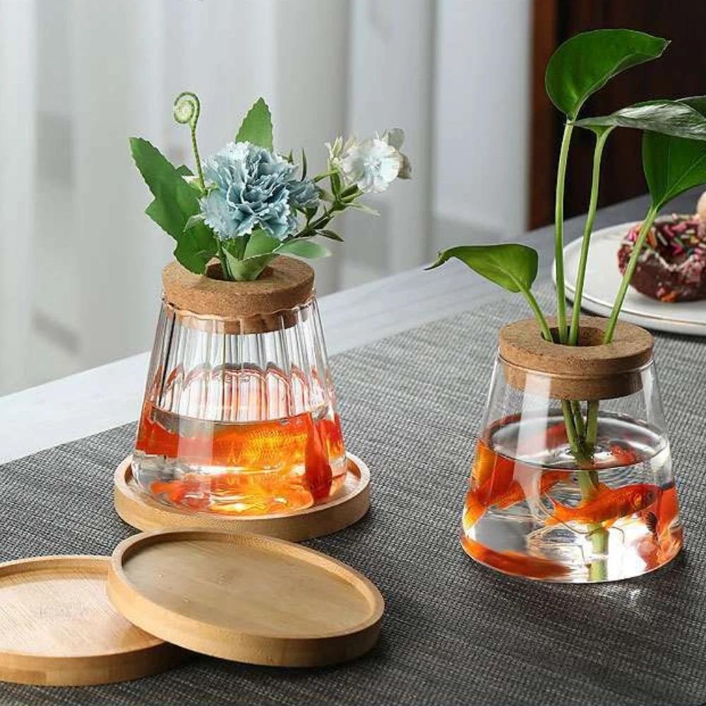 Nordic Glass Hydroponic Vase with Tray Transparent Small Vase for Shelf Living Room Decoration Creative Home Table Decor