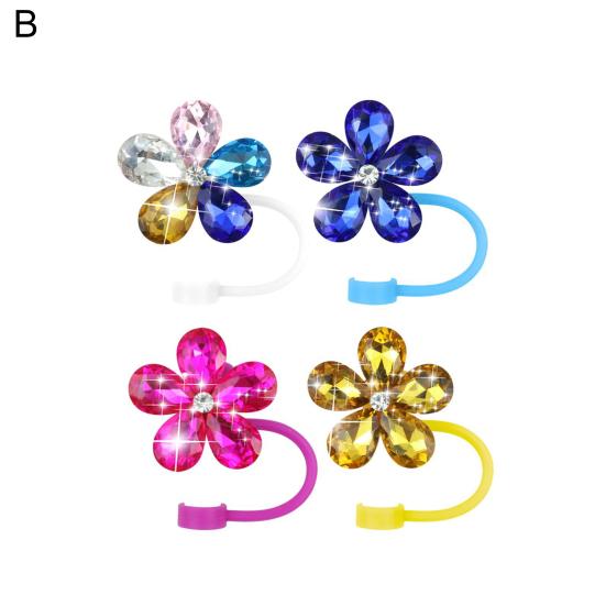 4 ks Květinové krytky na brčka pro hrnek Prachotěsné ozdoby na brčka s kamínky