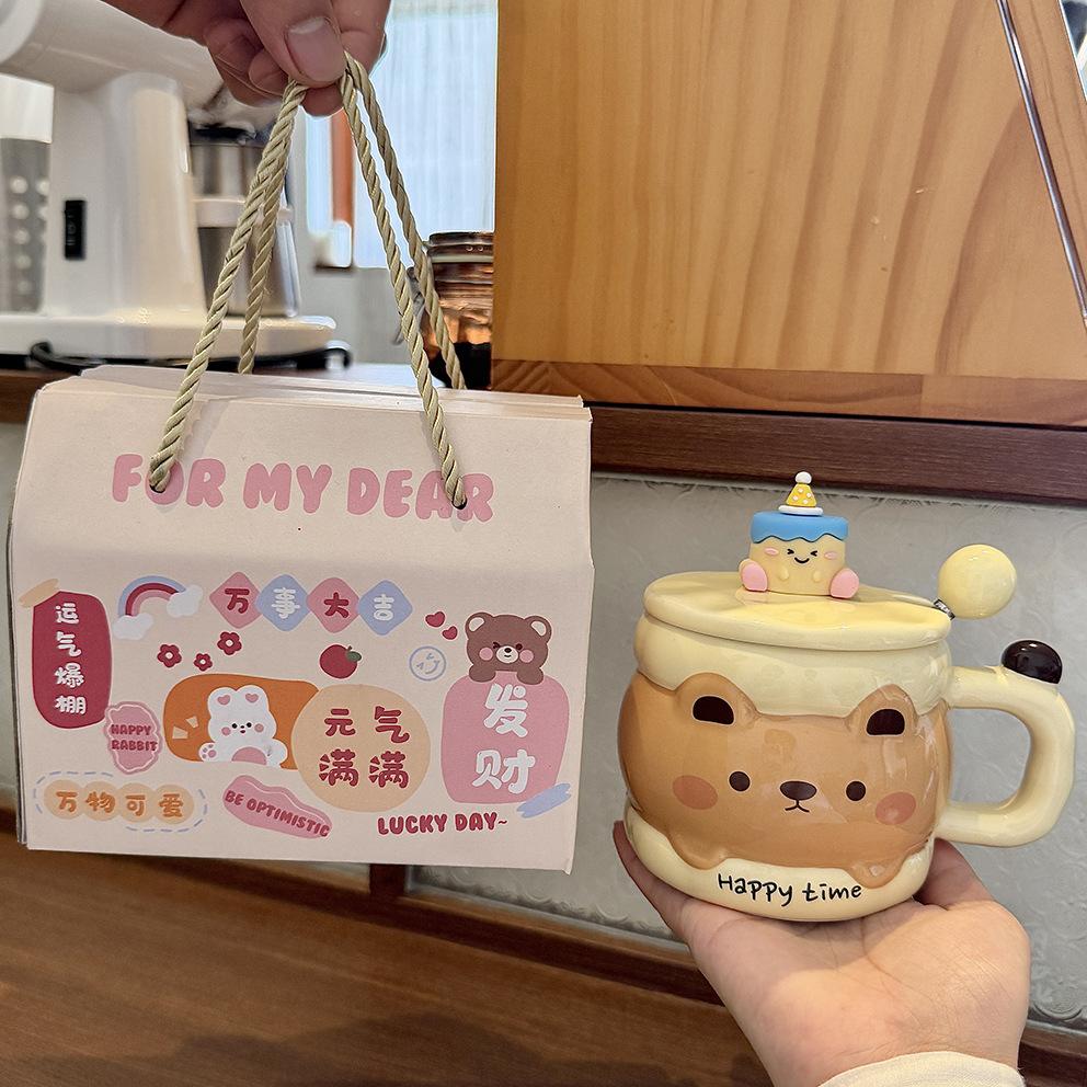 High Value Ins Ceramic Cup with Lid with Spoon Cute Mug Couple Home Coffee Breakfast Cup Children