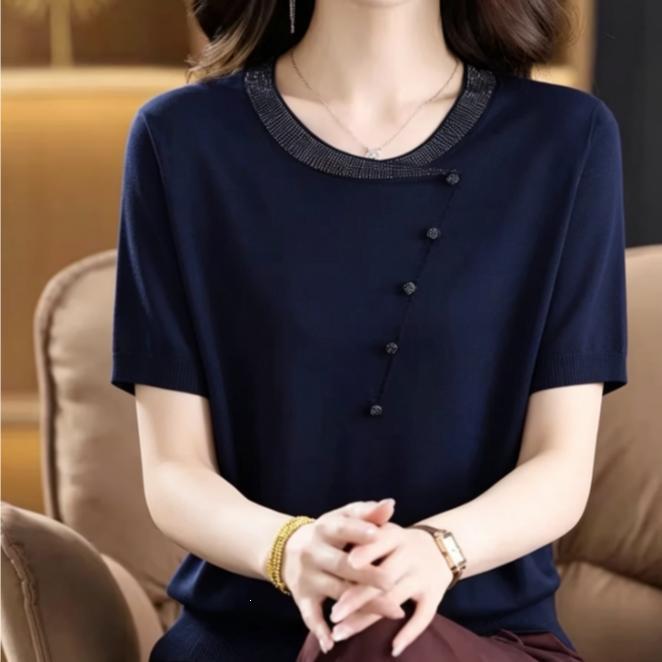 Elegant Women's Dark Blue Lyocell Short Sleeve T-Shirt, 2026 Summer Collection
