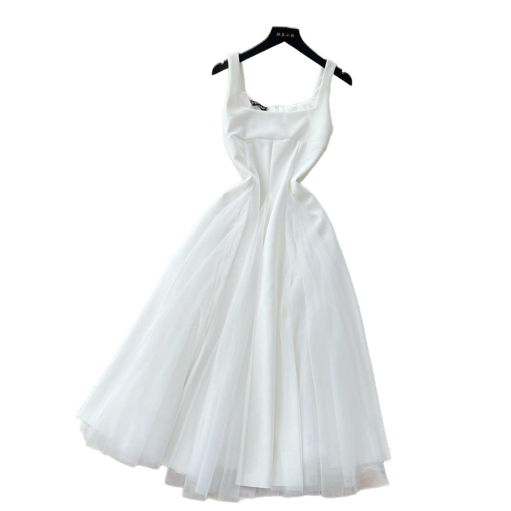 French Hepburn style dress women's summer high-end square neck suspender splicing mesh fluffy dress long dress