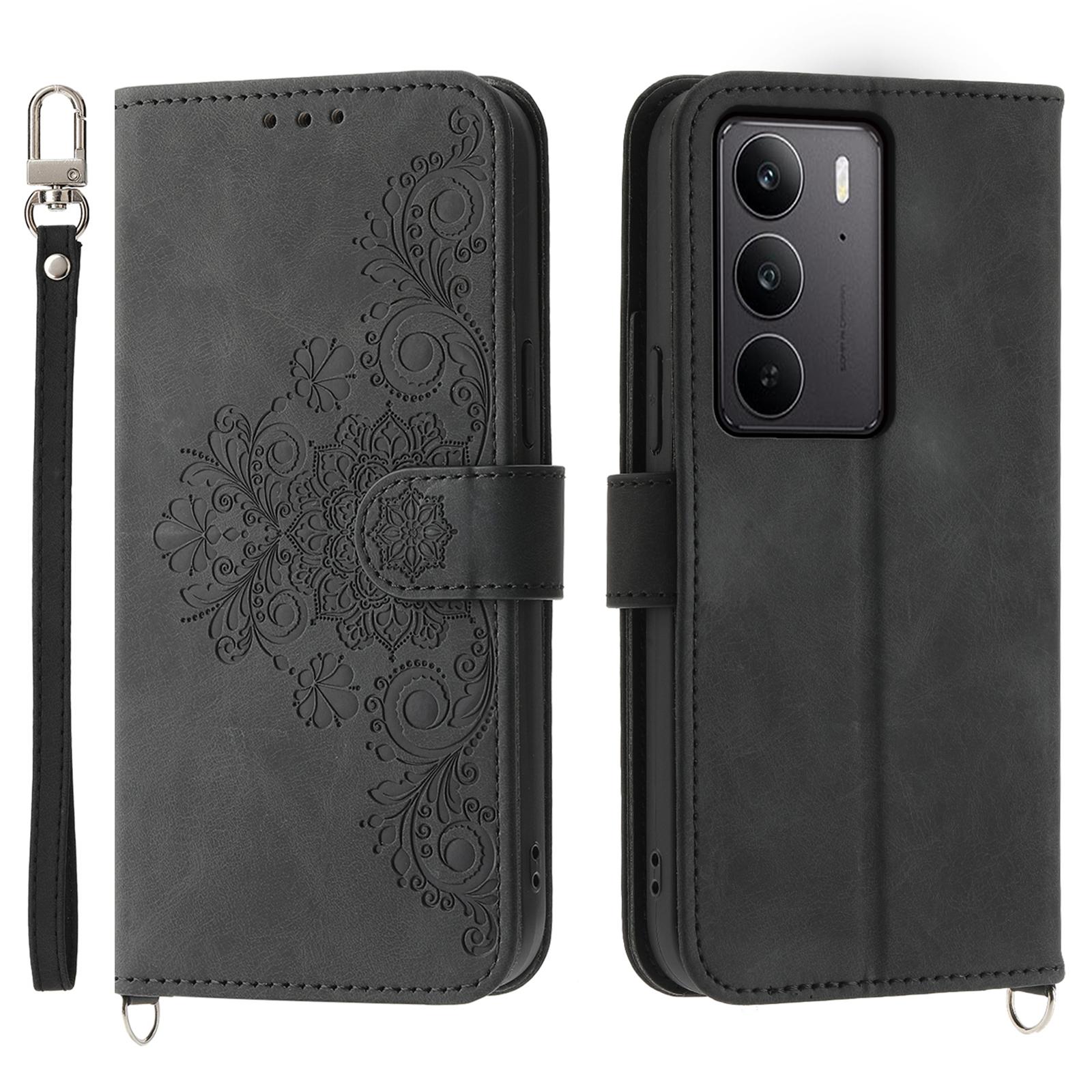 

For Realme C75 4G/V60 Pro 5G Case Flower Pattern PU Leather Wallet Phone Cover with Strap Black