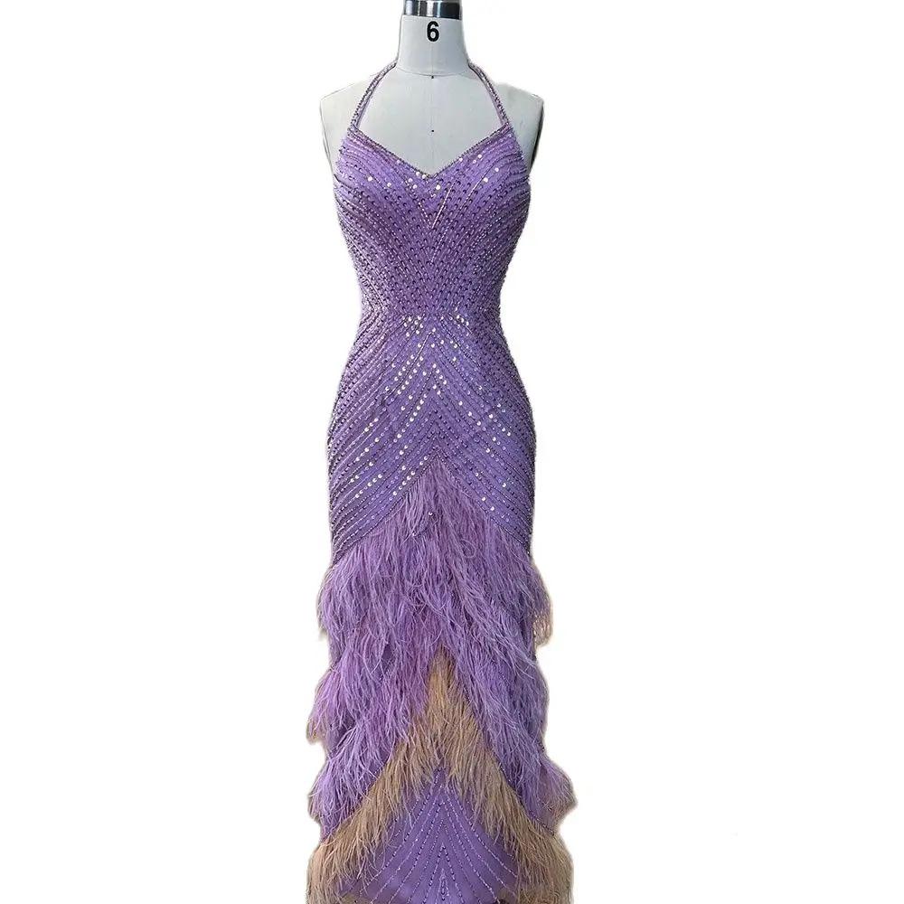 Luxury bead feather suspender fishtail evening dress high-end sexy atmosphere banquet host LA11011
