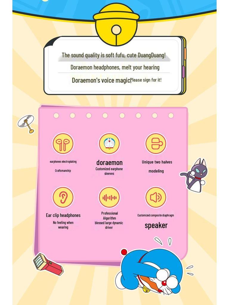 Doraemon Clip-On Open-Ear Bluetooth Headphones - Sports, Long Battery Life